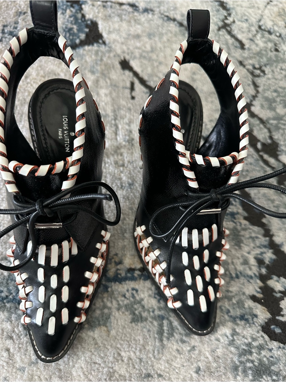 Louis Vuitton Monochrome Leather Manga Lace Up Slingback Booties Size 37